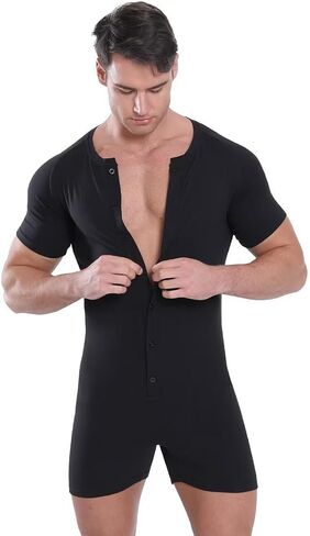 Landofgenie Mens Onesie Bodysuit Short Sleeve Henley Jumpsuit Pajamas One Piece Rompers Black XS in Kuwait