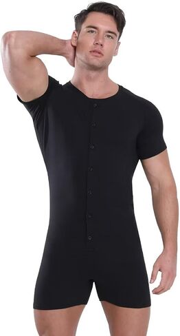 Landofgenie Mens Onesie Bodysuit Short Sleeve Henley Jumpsuit Pajamas One Piece Rompers Black XS in Kuwait