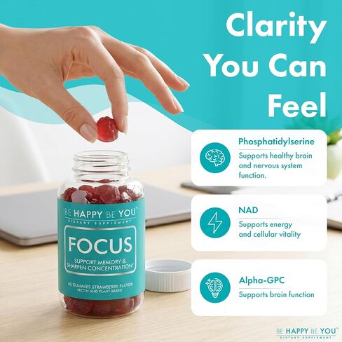 Focus Gummies – NAD+ Brain Supplement with Phosphatidylserine, Alpha GPC Choline & Green Tea Extract – Memory & Focus Support – Strawberry – 60 Count – Made in USA in Saudi Arabia