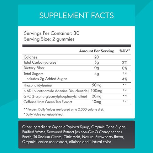 Focus Gummies – NAD+ Brain Supplement with Phosphatidylserine, Alpha GPC Choline & Green Tea Extract – Memory & Focus Support – Strawberry – 60 Count – Made in USA in Saudi Arabia