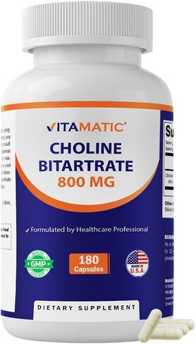 Vitamatic Choline Bitartrate 800 mg – 180 Vegetable Capsules – Non-GMO, Gluten Free – Made in USA in Kuwait
