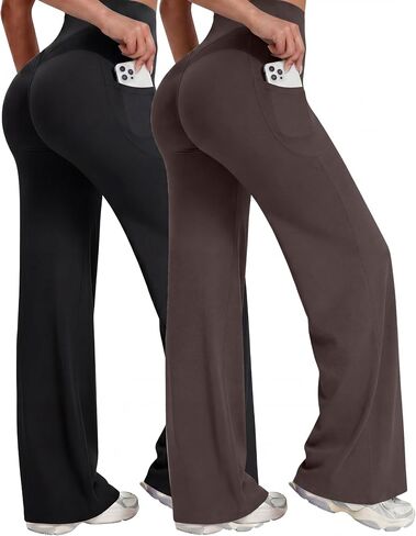 Coume 2 Pack Womens Straight Workout Leggings High Waisted Wide Leg Stretch Gym Yoga Pants Bottoms No Front Seam with Pockets in Kuwait