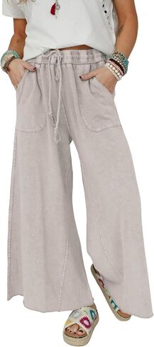 Athlisan Womens Wide Leg Sweatpants Acid Wash Drawstring Waist Cropped Pants Casual Baggy Palazzo Trousers with Pockets in Kuwait