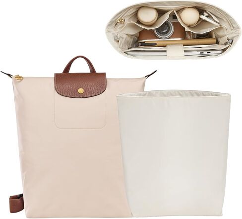 Soft Nylon Purse Organizer Insert for Longchamp Le Pliage M Backpack,Waterproof Lightweight with Laptop Compartment Long Champ Medium Backpack,Upgrade Taller Bag Insert with Cup Holder, Beige in Saudi Arabia