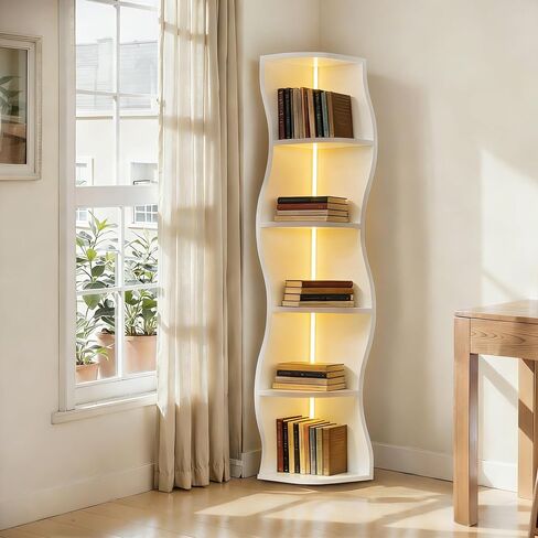 VECELO 6-Tier Compact Wave Corner Bookcase with LED Lights, Small Narrow Freestanding Bookshelf for Small Spaces, Living Room, Bedroom, Home Office (White) in Kuwait