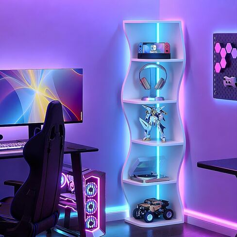 VECELO 6-Tier Compact Wave Corner Bookcase with LED Lights, Small Narrow Freestanding Bookshelf for Small Spaces, Living Room, Bedroom, Home Office (White) in Kuwait