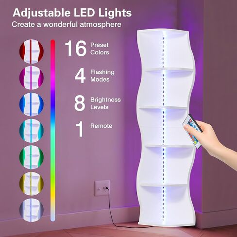 VECELO 6-Tier Compact Wave Corner Bookcase with LED Lights, Small Narrow Freestanding Bookshelf for Small Spaces, Living Room, Bedroom, Home Office (White) in Kuwait