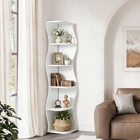 VECELO 6-Tier Compact Wave Corner Bookcase with LED Lights, Small Narrow Freestanding Bookshelf for Small Spaces, Living Room, Bedroom, Home Office (White) in Kuwait