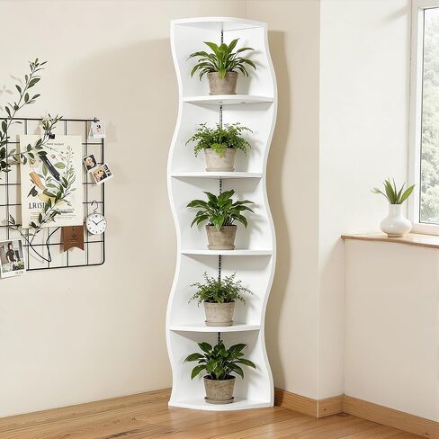 VECELO 6-Tier Compact Wave Corner Bookcase with LED Lights, Small Narrow Freestanding Bookshelf for Small Spaces, Living Room, Bedroom, Home Office (White) in Kuwait