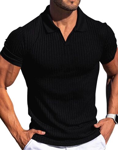 Men's Collared Muscle Polo Shirts Slim Fit Short Sleeve V Neck T Shirts Men Zipper Ribbed Golf Shirt Casual Stylish in Kuwait