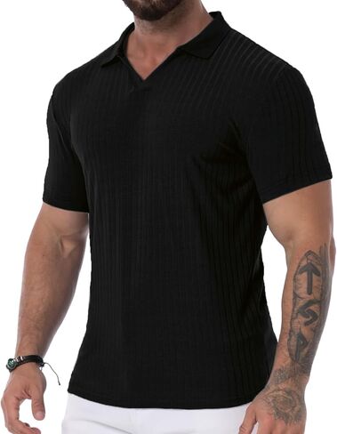 Men's Collared Muscle Polo Shirts Slim Fit Short Sleeve V Neck T Shirts Men Zipper Ribbed Golf Shirt Casual Stylish in Kuwait