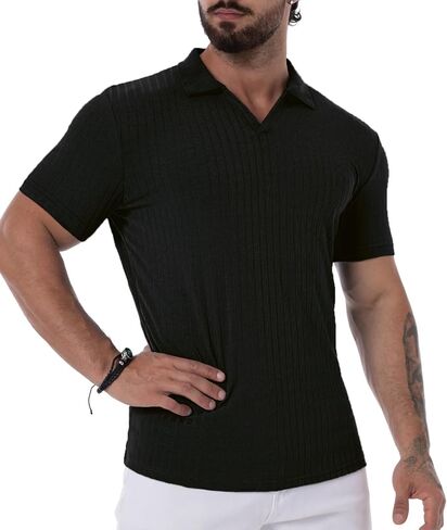 Men's Collared Muscle Polo Shirts Slim Fit Short Sleeve V Neck T Shirts Men Zipper Ribbed Golf Shirt Casual Stylish in Kuwait