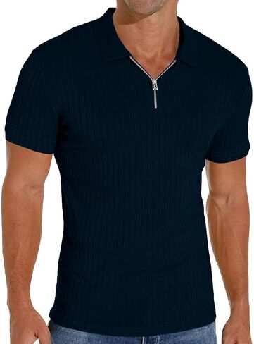 Men's Collared Muscle Polo Shirts Slim Fit Short Sleeve V Neck T Shirts Men Zipper Ribbed Golf Shirt Casual Stylish in Kuwait