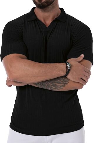 Men's Collared Muscle Polo Shirts Slim Fit Short Sleeve V Neck T Shirts Men Zipper Ribbed Golf Shirt Casual Stylish in Kuwait