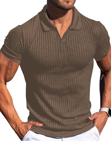 Men's Collared Muscle Polo Shirts Slim Fit Short Sleeve V Neck T Shirts Men Zipper Ribbed Golf Shirt Casual Stylish in Kuwait