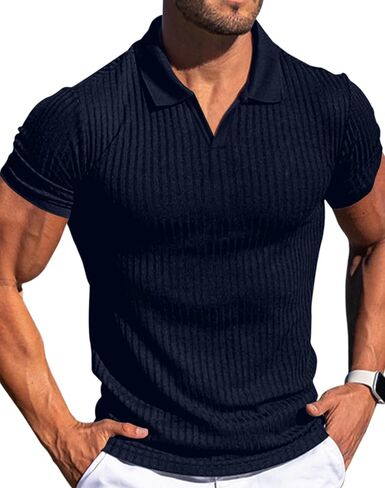 Men's Collared Muscle Polo Shirts Slim Fit Short Sleeve V Neck T Shirts Men Zipper Ribbed Golf Shirt Casual Stylish in Kuwait