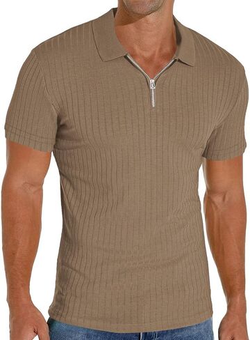Men's Collared Muscle Polo Shirts Slim Fit Short Sleeve V Neck T Shirts Men Zipper Ribbed Golf Shirt Casual Stylish in Kuwait