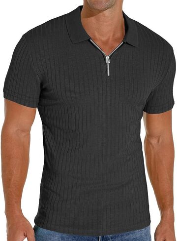 Men's Collared Muscle Polo Shirts Slim Fit Short Sleeve V Neck T Shirts Men Zipper Ribbed Golf Shirt Casual Stylish in Kuwait