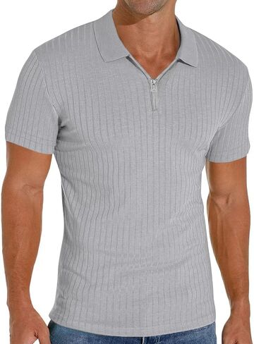 Men's Collared Muscle Polo Shirts Slim Fit Short Sleeve V Neck T Shirts Men Zipper Ribbed Golf Shirt Casual Stylish in Kuwait