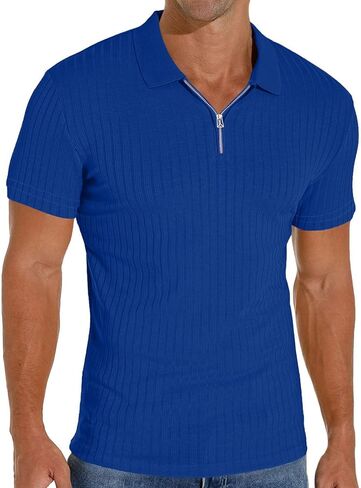 Men's Collared Muscle Polo Shirts Slim Fit Short Sleeve V Neck T Shirts Men Zipper Ribbed Golf Shirt Casual Stylish in Kuwait