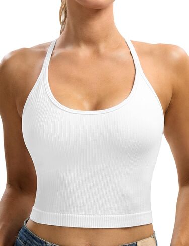 MathCat Cross Back Crop Tank Tops for Women, Longline Seamless Ribbed Padded Sports Bras Light Support in Kuwait
