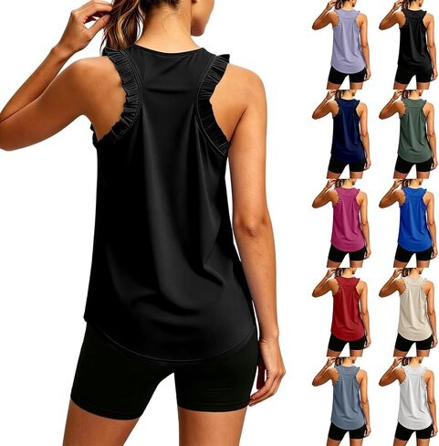 Ruffle Tank Top Workout Tops for Women Racerback Tanks athletic Sleeveless Shirts Loose Fit Gym Casual Tee in Kuwait