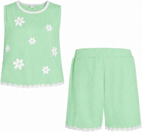 Girls 2 Piece Outfits Summer Clothes Floral Print Tops with Shorts Girls Vacation Matching Sets, Size 7-14 Years in Kuwait