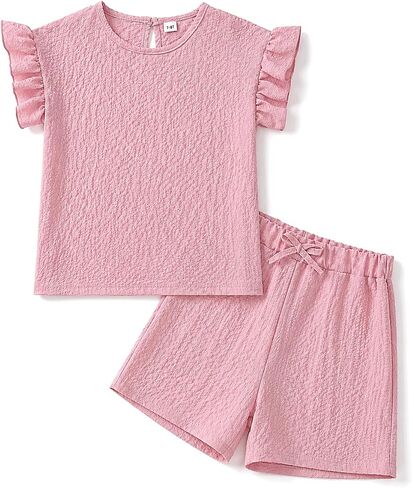 Cakaner Teen Girls 2 Piece Outfit Set Ruffle Sleeve Top and Shorts Summer Casual Matching Clothes Sets Size 7-14 in Kuwait