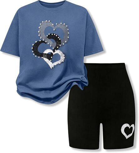 9-16Y Tween Girl Clothes 2 Piece Short Sleeve Heart Print Top and Shorts Teen Girl Summer Outfits Short Set in Saudi Arabia