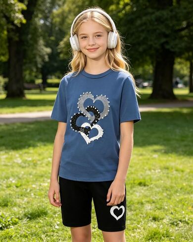 9-16Y Tween Girl Clothes 2 Piece Short Sleeve Heart Print Top and Shorts Teen Girl Summer Outfits Short Set in Saudi Arabia