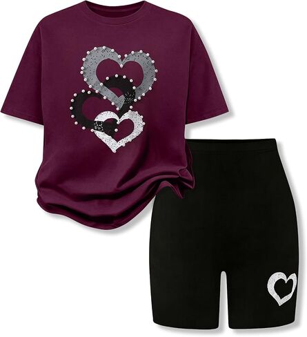 9-16Y Tween Girl Clothes 2 Piece Short Sleeve Heart Print Top and Shorts Teen Girl Summer Outfits Short Set in Saudi Arabia