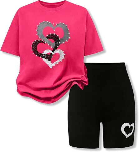 9-16Y Tween Girl Clothes 2 Piece Short Sleeve Heart Print Top and Shorts Teen Girl Summer Outfits Short Set in Saudi Arabia