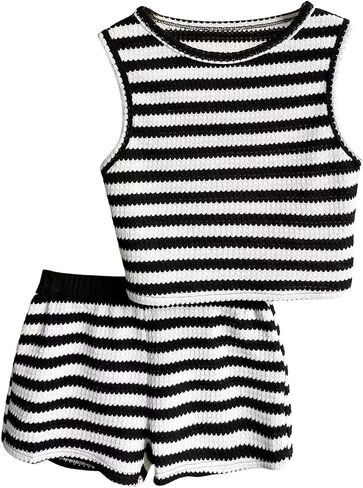 Ayzozuy Girls Striped Knit 2PCS Outfit Sleeveless Top & Shorts Set Casual Clothes with Bow Decor for 7-14Y in Saudi Arabia