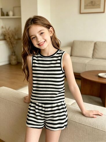 Ayzozuy Girls Striped Knit 2PCS Outfit Sleeveless Top & Shorts Set Casual Clothes with Bow Decor for 7-14Y in Saudi Arabia