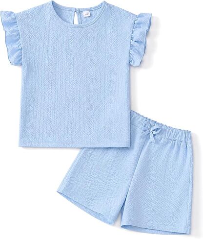 Cakaner Teen Girls 2 Piece Outfit Set Ruffle Sleeve Top and Shorts Summer Casual Matching Clothes Sets Size 7-14 in Saudi Arabia