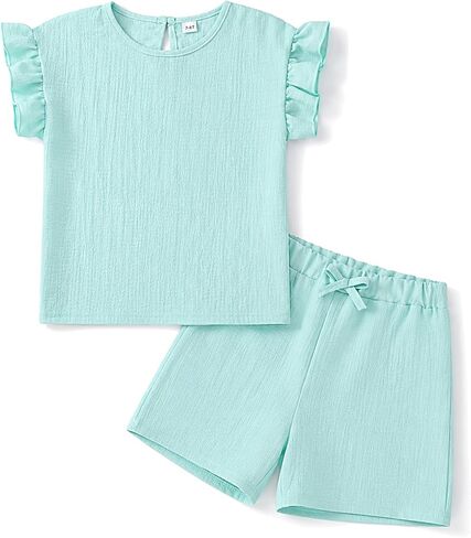 Cakaner Teen Girls 2 Piece Outfit Set Ruffle Sleeve Top and Shorts Summer Casual Matching Clothes Sets Size 7-14 in Kuwait