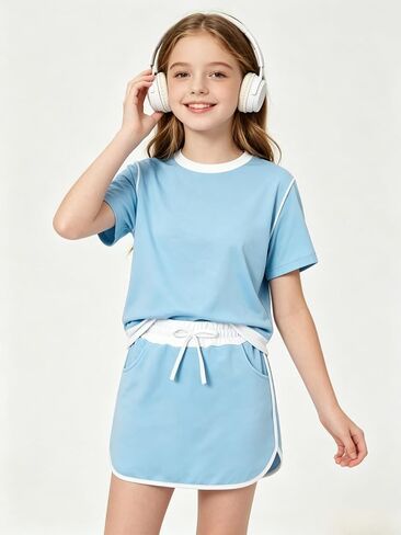 Girls Clothes 2PCS Short Sleeve Color Block Top&T-Shirt Skirt Shorts Set Girl Summer Clothes Size 7-14 Years in Kuwait