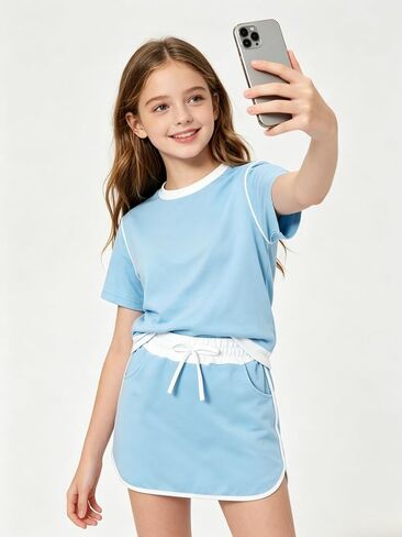 Girls Clothes 2PCS Short Sleeve Color Block Top&T-Shirt Skirt Shorts Set Girl Summer Clothes Size 7-14 Years in Kuwait