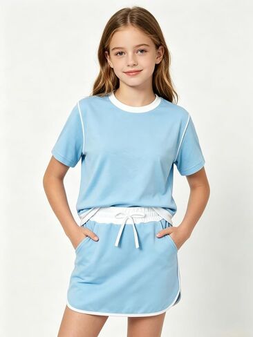 Girls Clothes 2PCS Short Sleeve Color Block Top&T-Shirt Skirt Shorts Set Girl Summer Clothes Size 7-14 Years in Kuwait