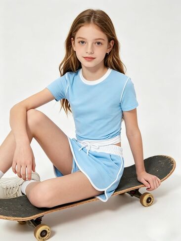 Girls Clothes 2PCS Short Sleeve Color Block Top&T-Shirt Skirt Shorts Set Girl Summer Clothes Size 7-14 Years in Kuwait