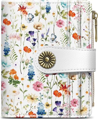 Small Wallet for Women, RFID Blocking Bifold Card Holder Wallet with 10 Card Slots, Cash Compartment, Zipper Coin Pocket & ID Window, Cute Soft Vegan Leather Compact Wallet, Wildflower in Kuwait
