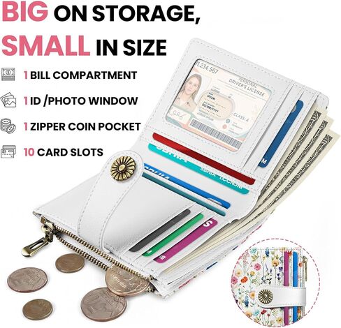 Small Wallet for Women, RFID Blocking Bifold Card Holder Wallet with 10 Card Slots, Cash Compartment, Zipper Coin Pocket & ID Window, Cute Soft Vegan Leather Compact Wallet, Wildflower in Kuwait