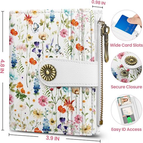 Small Wallet for Women, RFID Blocking Bifold Card Holder Wallet with 10 Card Slots, Cash Compartment, Zipper Coin Pocket & ID Window, Cute Soft Vegan Leather Compact Wallet, Wildflower in Kuwait