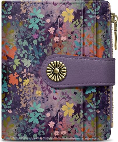 Small Wallet for Women, RFID Blocking Bifold Card Holder Wallet with 10 Card Slots, Cash Compartment, Zipper Coin Pocket & ID Window, Cute Soft Vegan Leather Compact Wallet, Wildflower in Kuwait