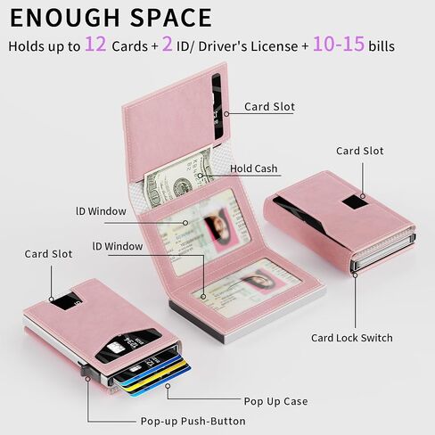 RFID Wallet Women: Stylish Security Metal Wallet for 10-12 Cards & 2 ID Windows - Smart Pop-Up Credit Card Holder & Cash Slot in Compact Trifold Design,Gift for Her(Pink) in Saudi Arabia