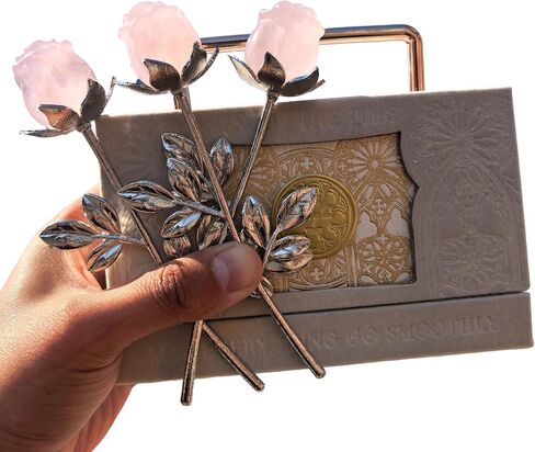 Crystal Rose Gemstone Flower,Crystal Jewelry,Carved Crystal Home Decor,Reiki Heal,Girlfriend Mom Valentines Gift Box (Rose Quartz,3piece Silver Pole) in Saudi Arabia