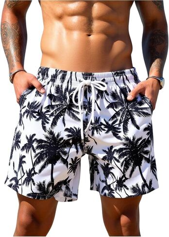 Floerns Men's Summer Palm Tree Swim Trunks Elastic Waist Hawaiian Beach Bathing Suit in Kuwait