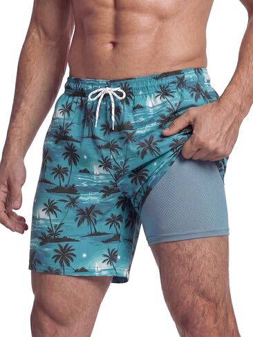 Mens Swim Trunks 7 Inch Swim Shorts with Compression Liner Lightweight Bathing Suit Quick Dry Beach Swimsuit Pocket in Saudi Arabia