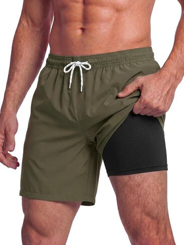 Mens Swim Trunks 7 Inch Swim Shorts with Compression Liner Lightweight Bathing Suit Quick Dry Beach Swimsuit Pocket in Kuwait