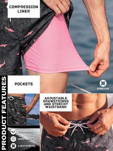 Mens Swim Trunks 7 Inch Swim Shorts with Compression Liner Lightweight Bathing Suit Quick Dry Beach Swimsuit Pocket in Kuwait